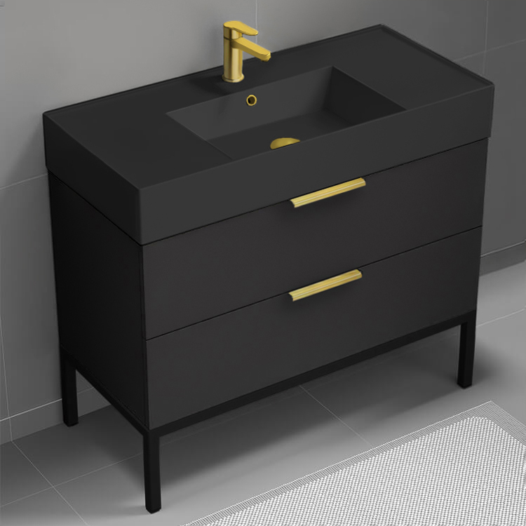 Nameeks DERIN354 40 Inch Bathroom Vanity With Black Sink, Floor Standing, Modern, Matte Black